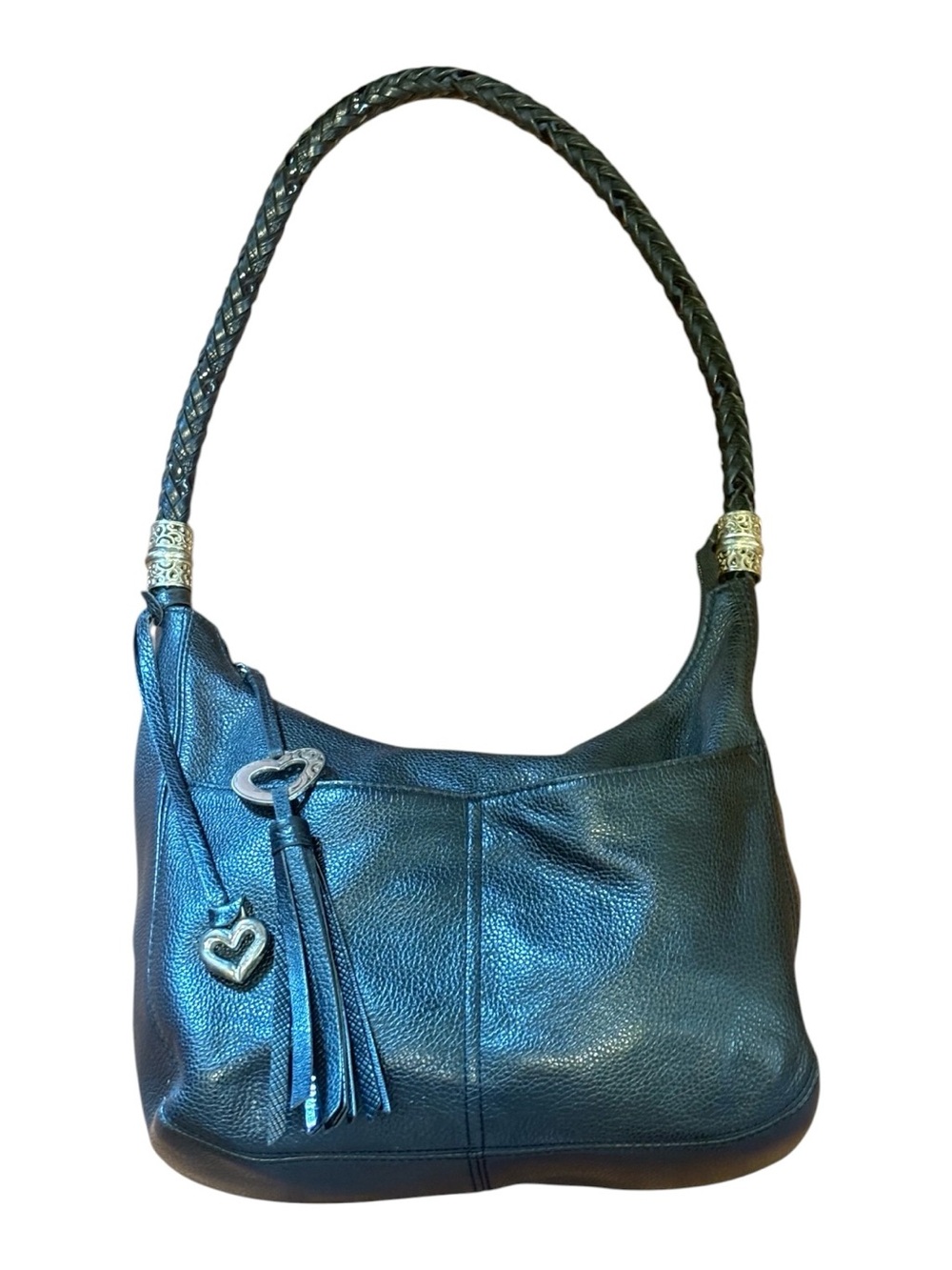Brighton Barbados Ziptop Black Pebbled Leather Hobo with Braided Strap.